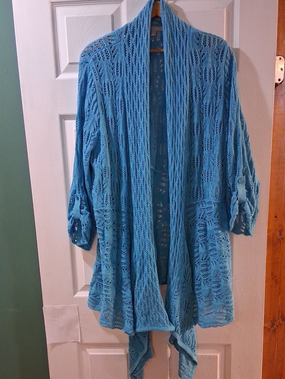 Woman Within Aqua Blue Open-Front Knit Cardigan